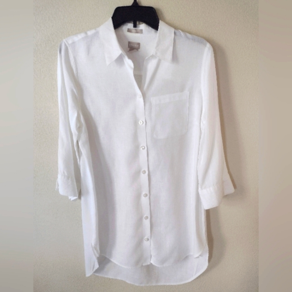Chico's White Tunic Blouse Size 0.5 100% Linen 3/4 Sleeve Button No Iron